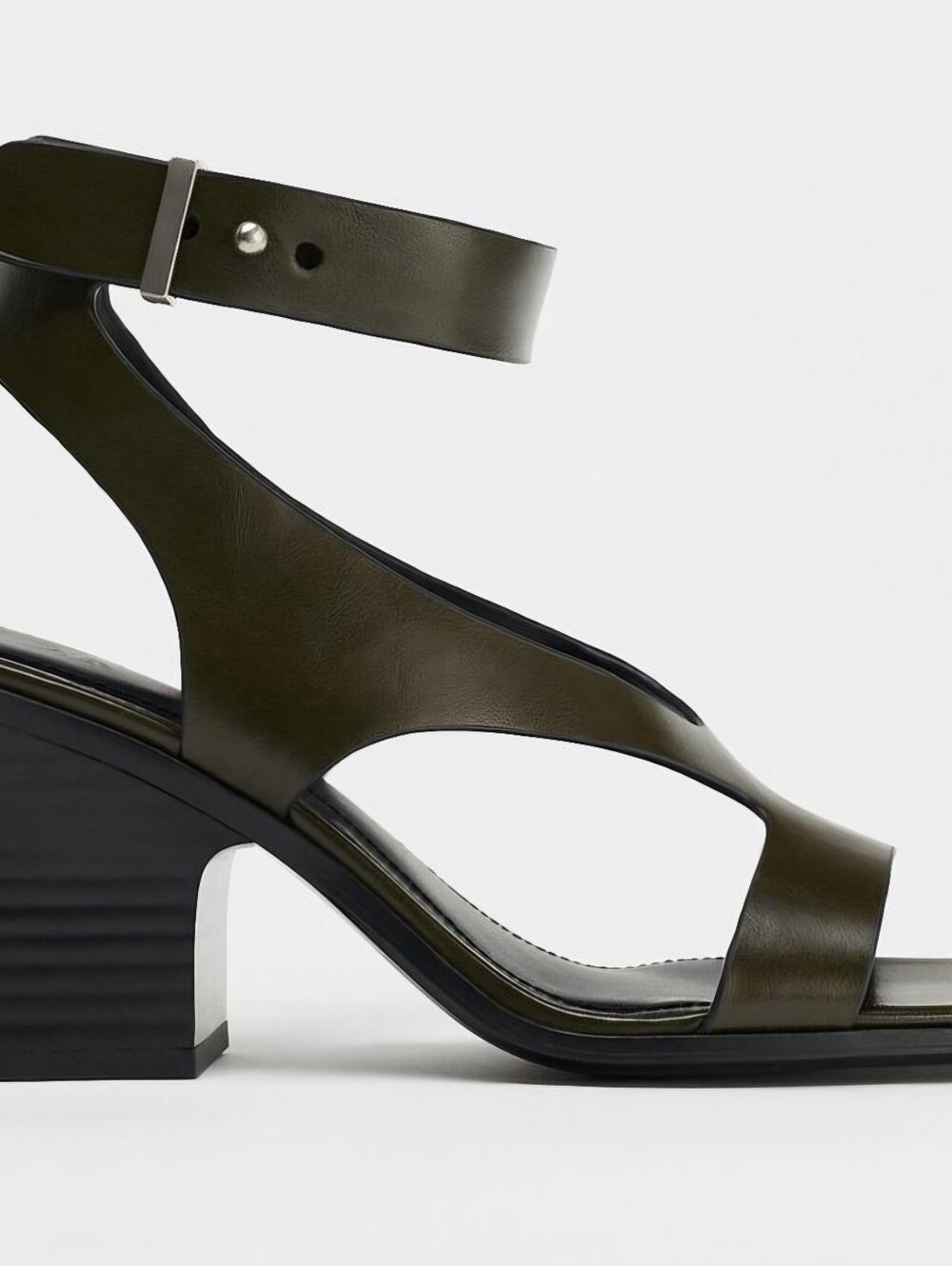 ZARA Olive Green Square Toe Block Heel Sandals with Ankle Strap